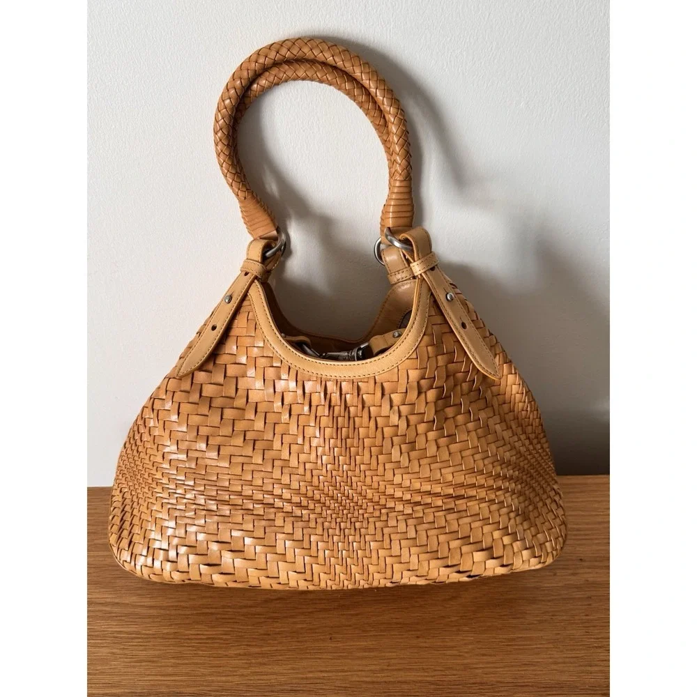 Cole Haan Genevieve Optical Weave Tan Leather Hobo Shoulder Bag Handbag